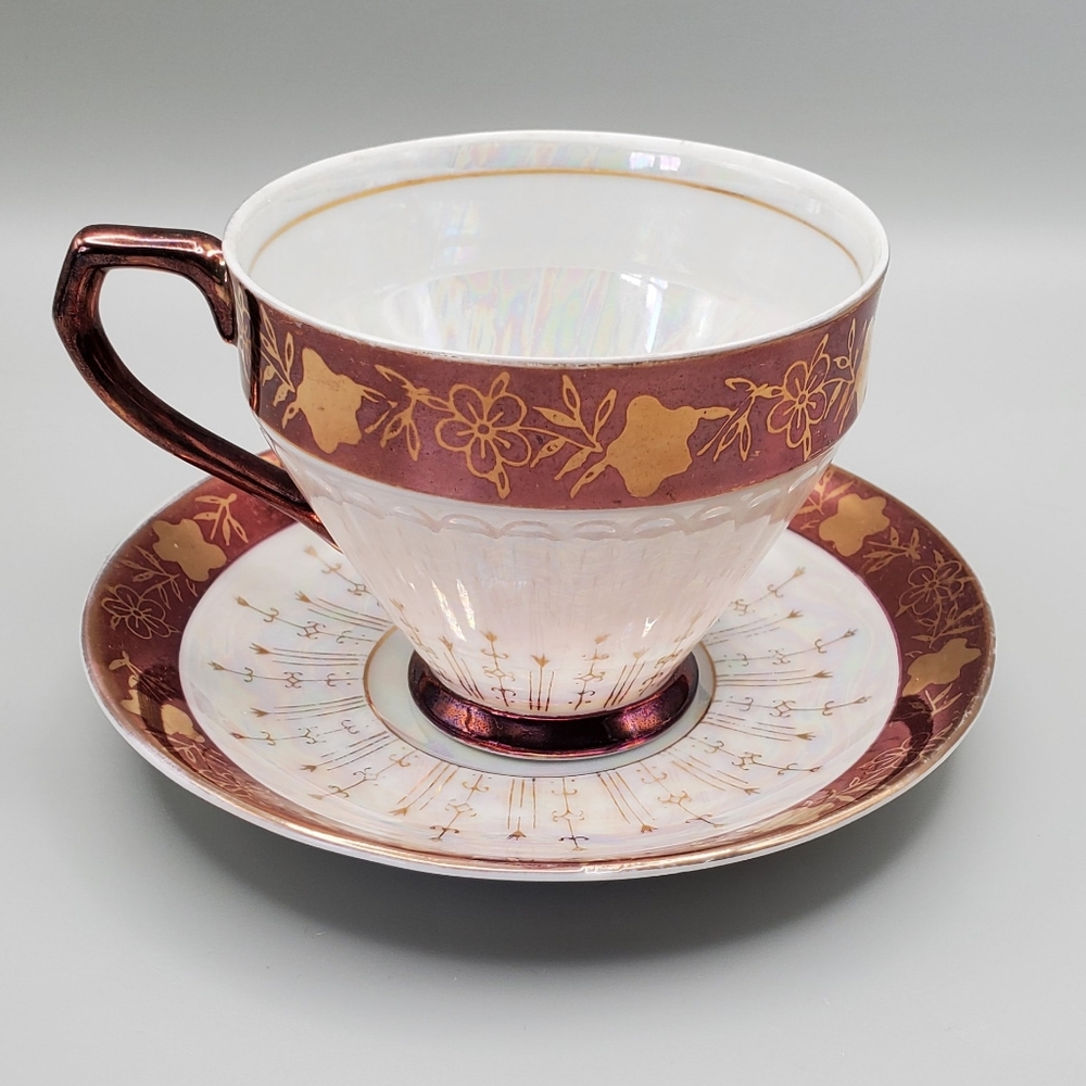 1950's Japan Teacup and Saucer Opal Iridescent & Gold Copper Burgandy Trim